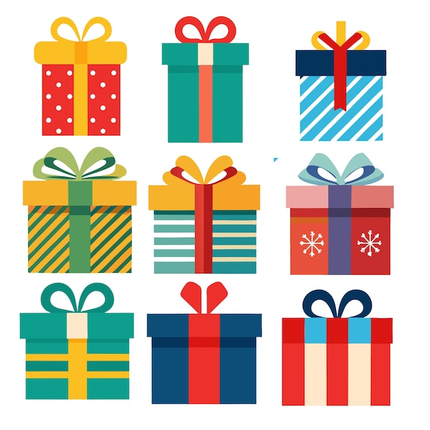 Sammlung farbenfroher Geschenkkisten mit Bändern und Schleifen
