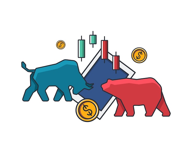 Sammlung farbige dünne Ikone des Handelsmarktes Bären- und Bullentablettendiagramm-Geldmünzen Geschäfts- und Finanzkonzept-Vektorillustration