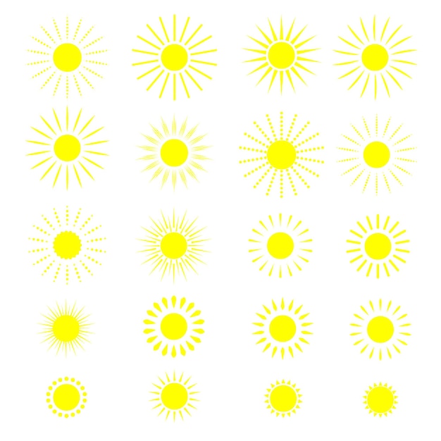 Sammlung gelber sonnensymbole isoliert auf weißer vektorillustration