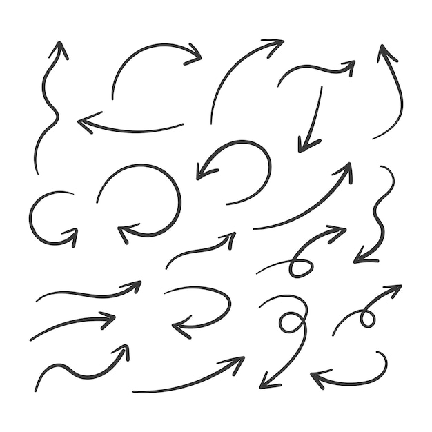 Sammlung handgezeichneter pfeile einfache flache pfeile isoliert auf weißem hintergrund pfeilmarkierungssymbole