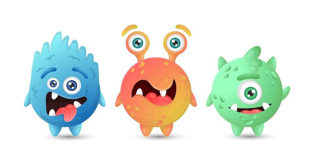 Sammlung mehrfarbiger runder lustiger monster. blaue, orange, grüne aliens