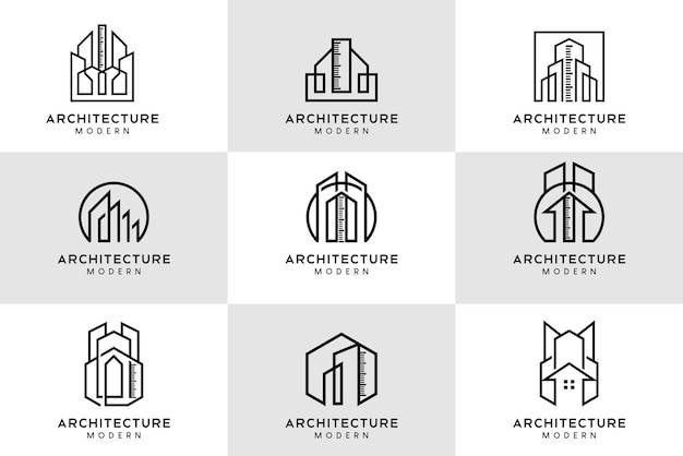 Sammlung minimaler architektonischer logodesigns mit moderner linienkunst