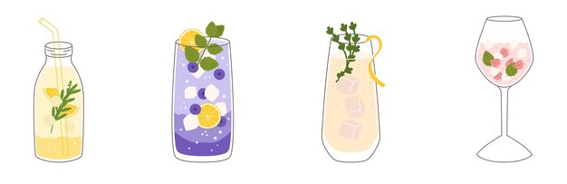 Sammlung mit unterschiedlichem Geschmack Limonade und verschiedenen Gläsern Formen