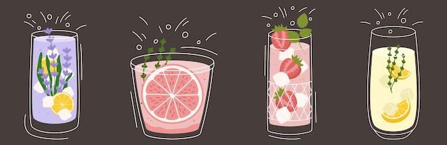 Sammlung mit verschiedenen Limonaden Zitrone und Thymian Lavendel Grapefruit und Erdbeere