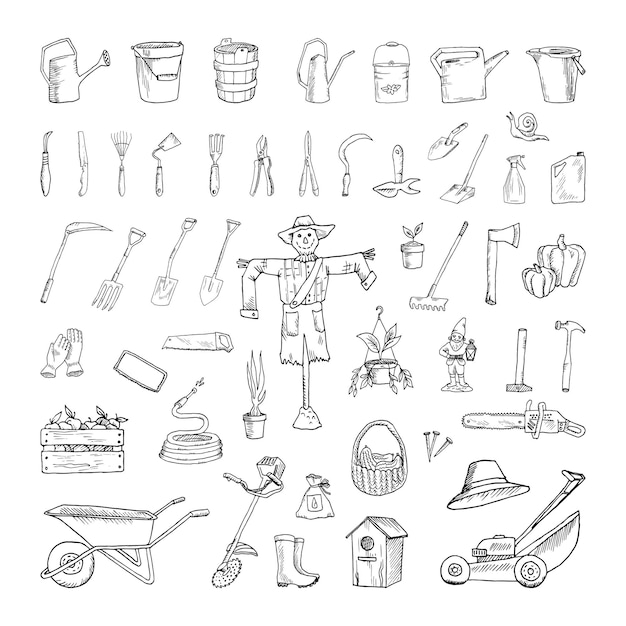 Sammlung monochromer Illustrationen von Gartengeräten im Skizzenstil