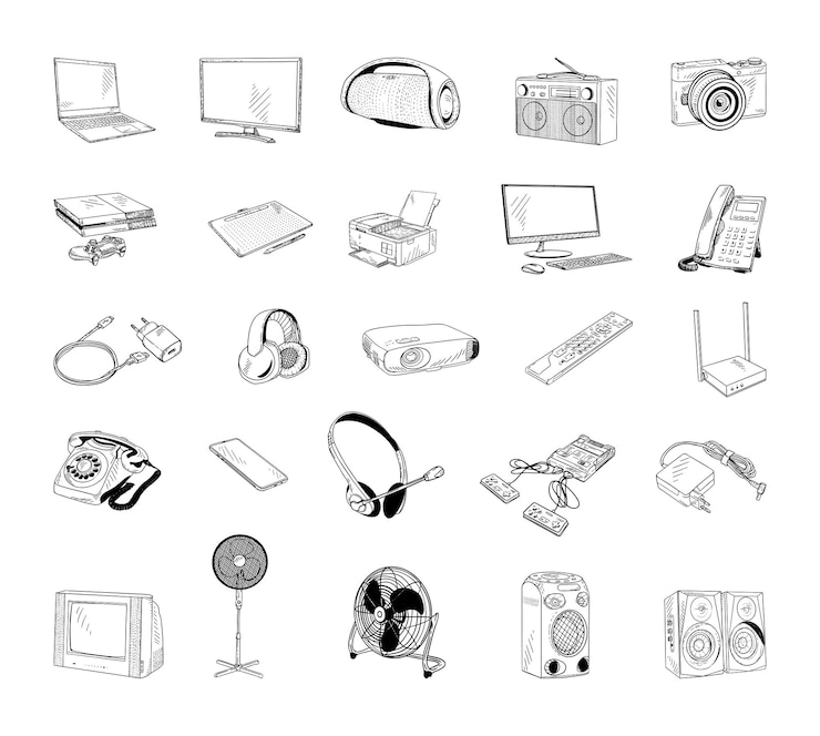 Vektor sammlung monochromer illustrationen von haushaltsgeräten im skizzenstil
