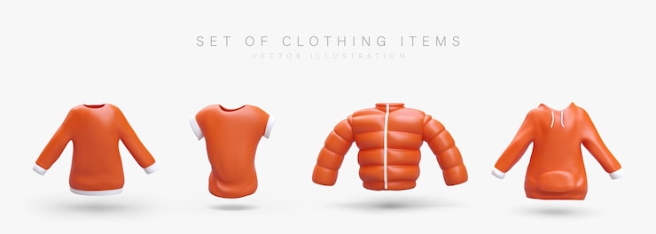 Vektor sammlung realistischer bekleidungs-ikonen orange sweatshirt t-shirt pufferjacke hoodie