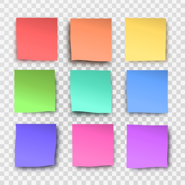 Sammlung realistischer haftnotizen auf dem transparenten hintergrund.
