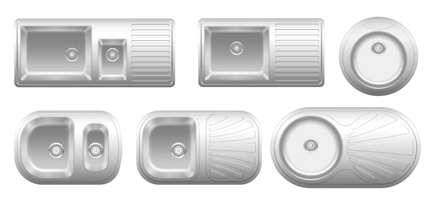 Sammlung realistischer metallwaschbecken-draufsicht. set aus verschiedenen edelstahlgeräten mit abfluss zum waschen mit wasser, isoliert auf weiss. küchenspüle verchromt. 3d-vektor-illustration