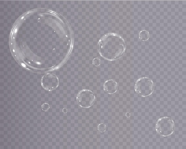 Sammlung realistischer Seifenblasen befindet sich auf einem transparenten Hintergrund.