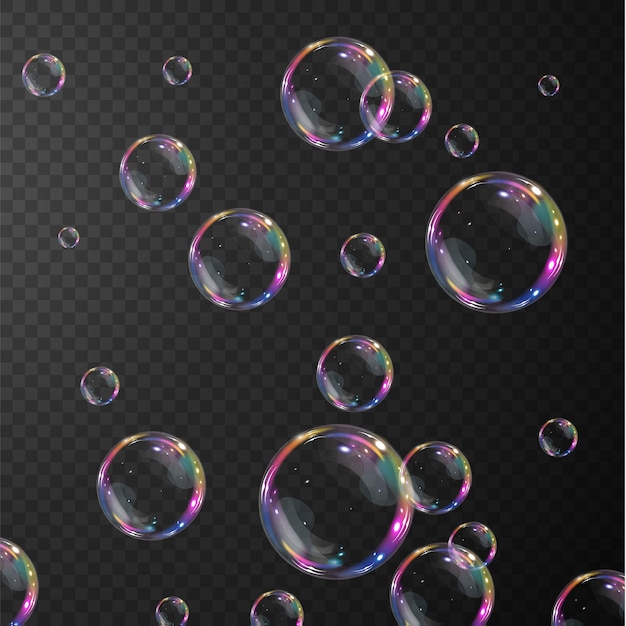 Sammlung realistischer Seifenblasen befindet sich auf einem transparenten Hintergrund.
