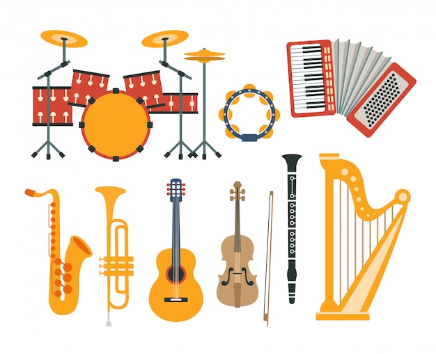 Sammlung realistischer Zeichnungen von Musikinstrumenten
