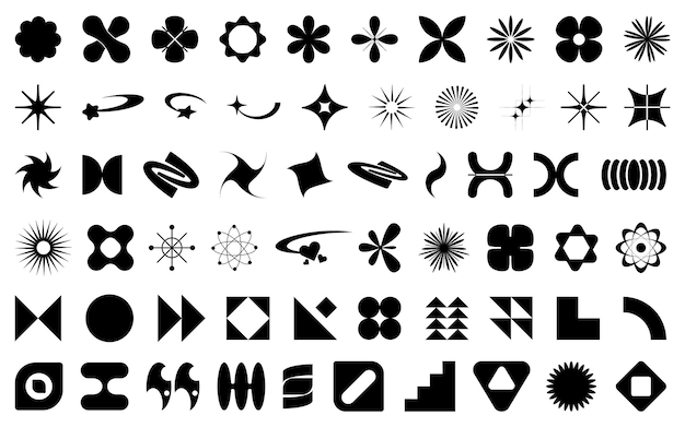 Sammlung schwarzer geometrischer abstrakter Formen Satz von Formenelement Blumenstern-Quadratformen