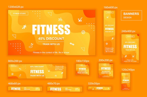 Sammlung sozialer Netzwerke Web-Banner in verschiedenen Größen für Fitness-Studio-Anzeigen