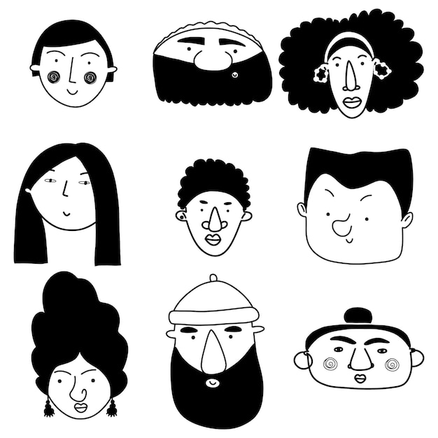 Vektor sammlung süßer und vielfältiger handgezeichneter gesichter in schwarz-weiß-doodlestyle-menschen-ikonen