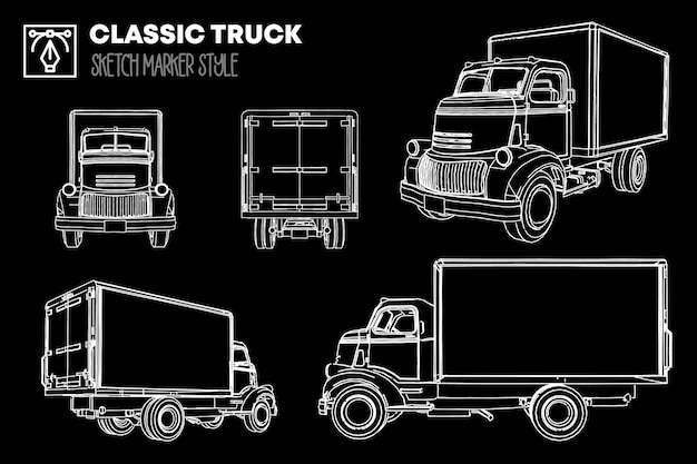 Sammlung verschiedener Ansichten klassischer LKW-Silhouetten. Markereffektzeichnungen.