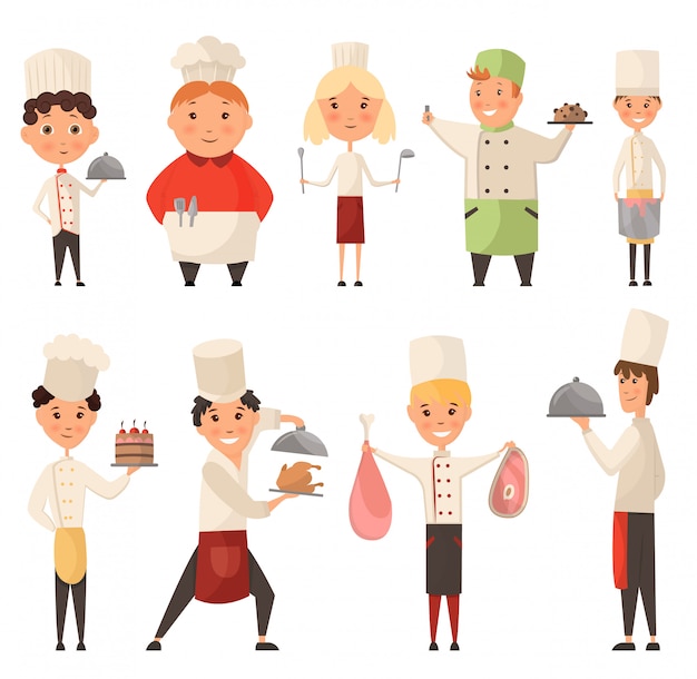 Sammlung verschiedener kochköche. kind in einer kochmütze, die schüssel mit essen hält. charakter kinderkoch beruf, kellner und bäcker, konditor illustration