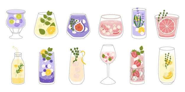 Sammlung verschiedener Limonaden verschiedener Glasformen Zitronenminze Feigenfrucht Erdbeere Grapefruit