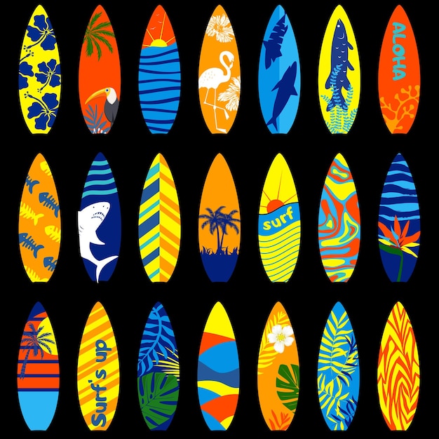 Vektor sammlung verschiedener surfbretter helle drucke für sommerkleidung
