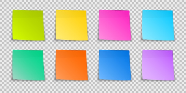 Sammlung verschiedenfarbiger Blätter mit Notizpapieren. Set mit Blättern mit Notizpapieren. Sammlung von Haftnotizen mit Schatten. Realistische Papieraufkleber für Ihre Nachricht. Vektorillustration