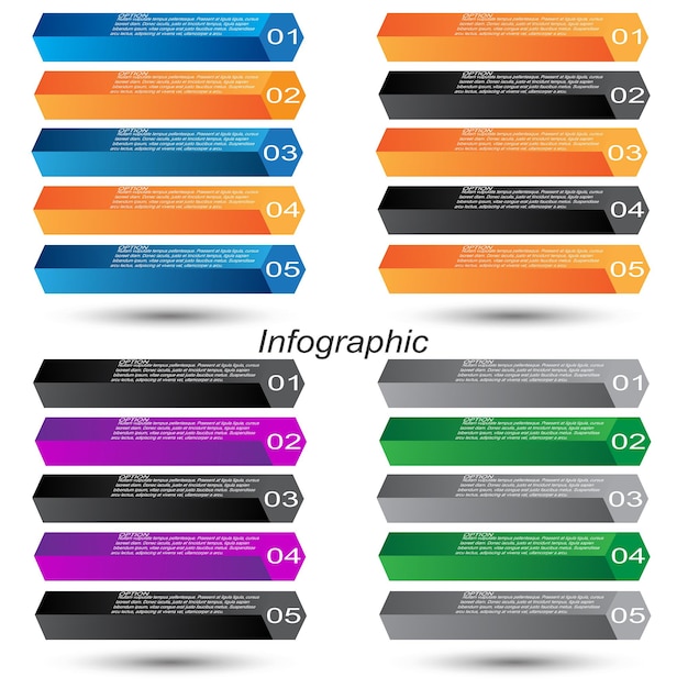 Sammlung von 3D-Infografiken mit Schritten und Optionen