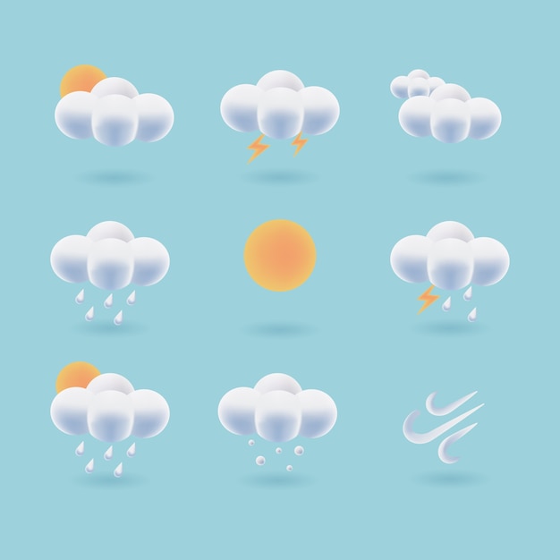 Sammlung von 3d-wettersymbol. flauschiger wolkenvektor. wettervorhersage symbol ui design.