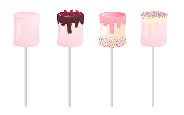 Sammlung von appetitlich süßen marshmallows auf stöcken in schokoladenglasur und streuseln im flachen stil