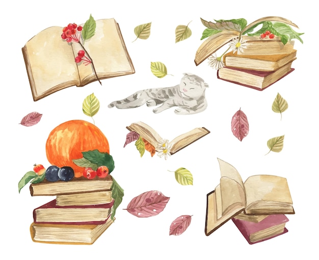 Vektor sammlung von aquarellbüchern mit herbstlaub, schlafenden katzenkürbissen und baumblättern