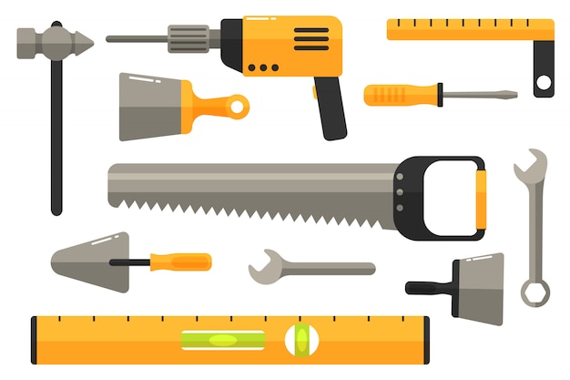 Vektor sammlung von arbeitswerkzeugen. symbolsatz für reparatur- und bauwerkzeuge.