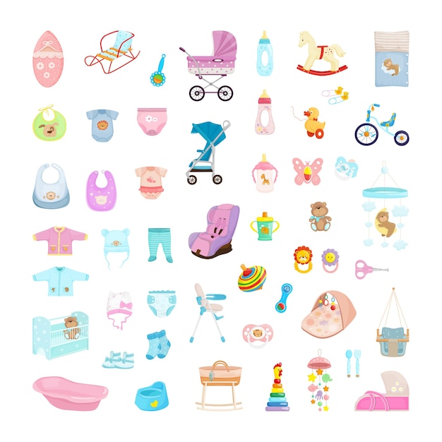 Sammlung von Artikeln für Babys. Spielzeug, Kinderbetten, Kleidung und Kinderwagen für Neugeborene.