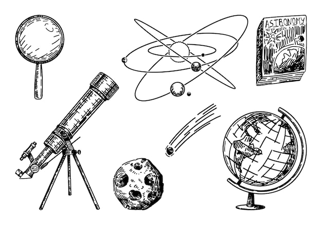 Sammlung von astronomie-lektionen für schulattribute satz von teleskop-globus-lehrbuch lupe kosmischer körper handgezeichnete vektorgrafiken zurück zu schule-cliparts isoliert auf weiß