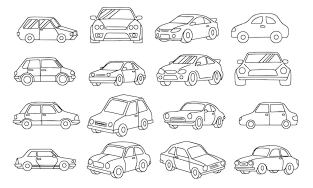 Sammlung von Autos, die auf durchsichtigem Hintergrund isoliert sind, handgezeichnete Vektorkunst