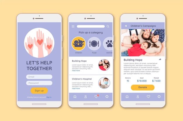 Sammlung von bildschirmen für wohltätigkeits-app