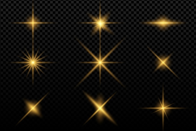 Sammlung von Blitzen, Lichtern und Funken. Optische Fackeln. Abstrakte goldene Lichter isoliert