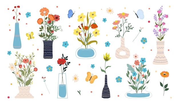Sammlung von blühenden blumen in vasen und flaschen isoliert auf weißem hintergrund satz von dekorativen floralen design-elementen flache cartoon-vektor-illustration