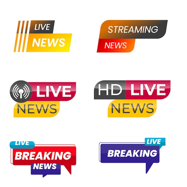 Sammlung von Breaking-News-Bannern, die in verschiedenen Stilen und Formen entworfen wurden.