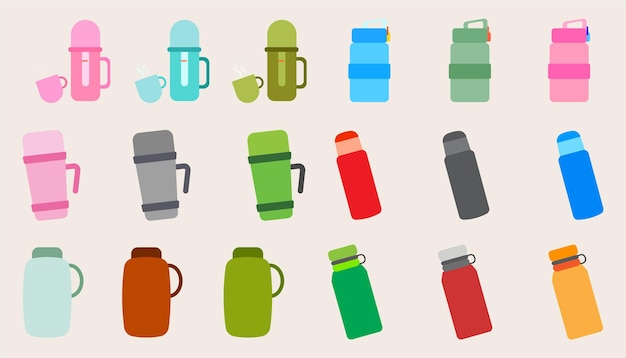 Sammlung von Campinggeräten Design, Container Wasserflaschen für Sport.Set von Trinkwasserflaschen.