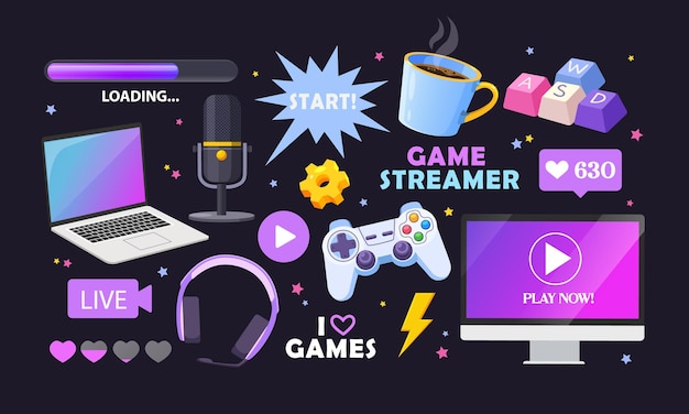 Sammlung von Cartoon-Gamer-Elementen mit verschiedenen modernen elektronischen Gadgets