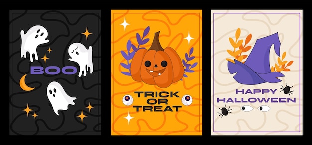 Sammlung von Cartoon-Halloween-Postern im 90er-Jahre-Stil, Hut, Geisterkürbis usw. Retro-Halloween
