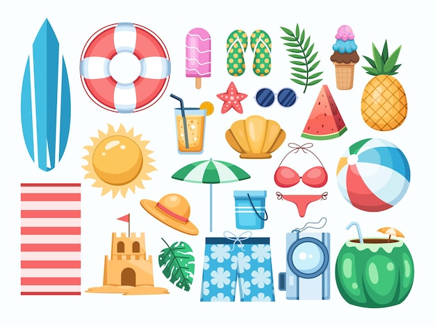 Sammlung von clipart-elementen zum thema sommerstrand. sammlung bunter sommerobjekte