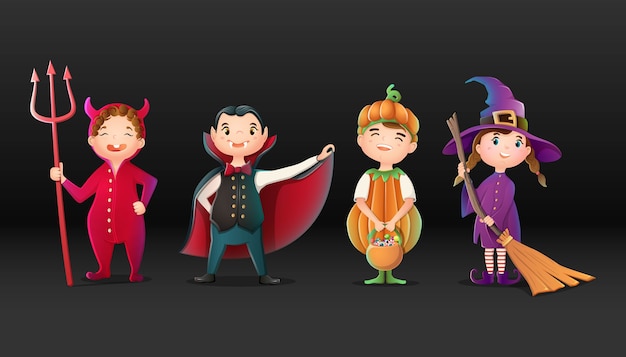 Vektor sammlung von comic-halloween-figuren, teufel, hexe, kürbis und dracula.