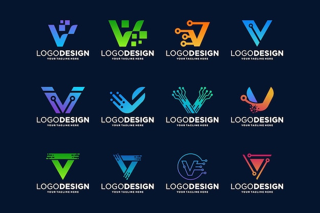 Vektor sammlung von digitalen verbindungsbuchstaben v-logo-designs