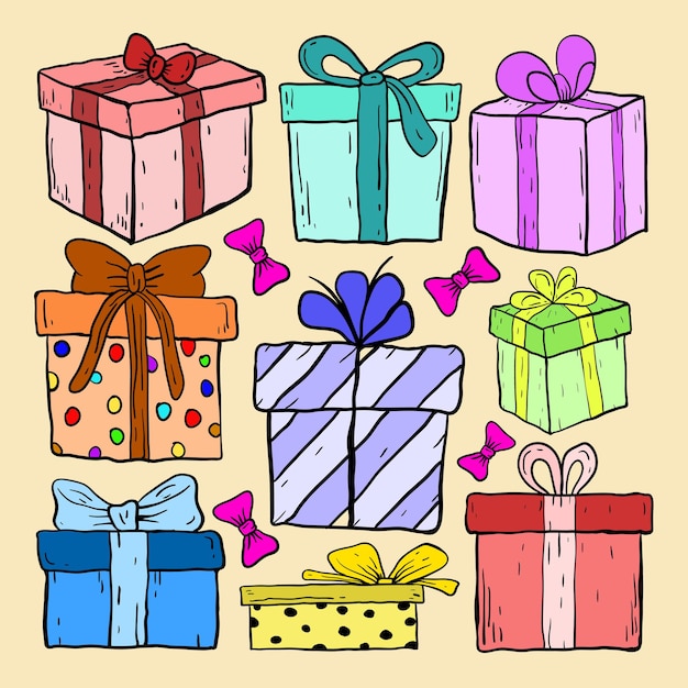 Sammlung von doodle sketch weihnachtsgeschenkboxen bunter premium-vektor
