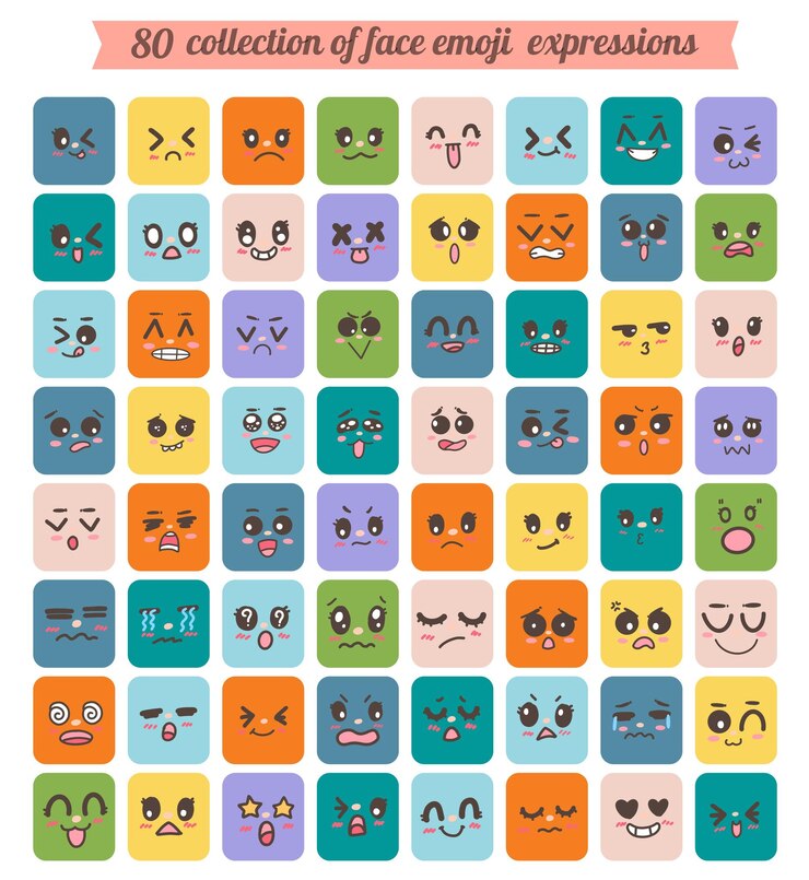 Sammlung von Emoji Emoticons blau gelb und grün Gesichtsausdruck Gefühle Sammlung Illustration und Vektor