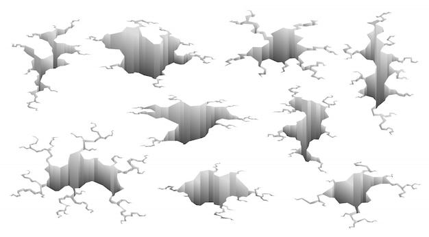 Sammlung von erdbebenrissen. locheffekt und rissige oberfläche. löcher im boden mit riss- und erdzerstörungsrissen isolierten vektorkarikatur. vektorillustration