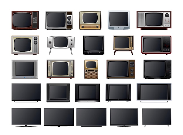 Sammlung von fernsehern aus verschiedenen zeiten. realistische darstellungen von tv-monitoren.