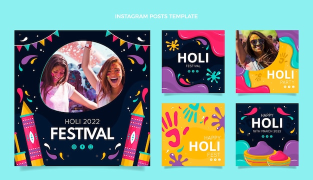 Vektor sammlung von flachen holi-instagram-posts