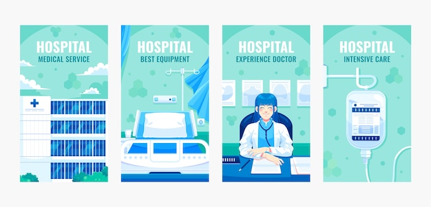 Vektor sammlung von flachen instagram-geschichten für das krankenhaus