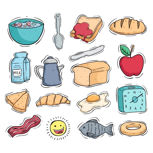 Sammlung von frühstück essen icons mit farbigen doodle-stil