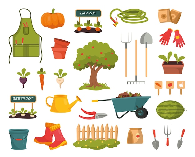 Sammlung von Gartenwerkzeugen und landwirtschaftlichen Elementen